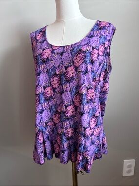 Blue Sky fair trade Bamboo linen Sleeveless Floral Print Peplum Top Purple Pink
